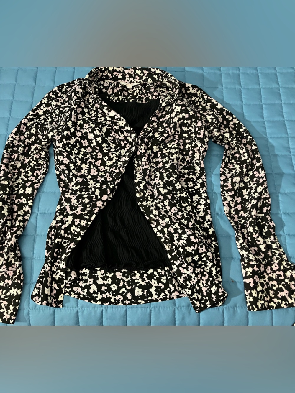 Candie's Black Floral Button-Down Shirt with Pink and White Flowers